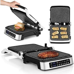 ZEEGMA GRILL CHEF Elektrische contactgrill 2-in-1 voor de bereiding van Vlees, Panini en Groenten 2100W Uitneembare verwarmingsplaten, 180 Graden inklapbaar, ILAG-antiaanbaklaag, Lekbak, Meldingen