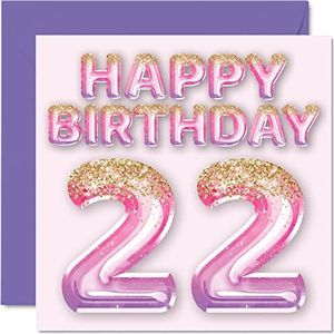 22e verjaardagskaart voor vrouwen - roze & paarse glitterballonnen - gelukkige verjaardagskaarten voor 22-jarige vrouw dochter zus tante neef, 145mm x 145mm tweeëntwintigste wenskaarten cadeau