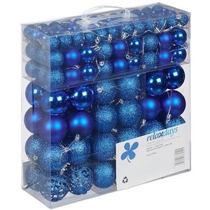 Relaxdays kerstballen, set van 150, kerstboom ballen, mat, glanzend, glitters, ∅ 3, 4, 6 cm, kunststof, blauw