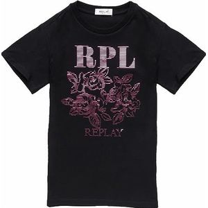Replay T-shirt voor meisjes, korte mouwen, bloemenprint, 098 Black, 8 Jaar