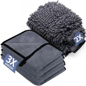 YSWOVUO 5 stuks autoverzorgingsset met 3 microvezeldoeken voor de auto en 2 microvezel washandjes voor de auto, 600 g/m², droogdoek, extra absorberend, 100% krasvrij en zacht, om te polijsten (40 x 30