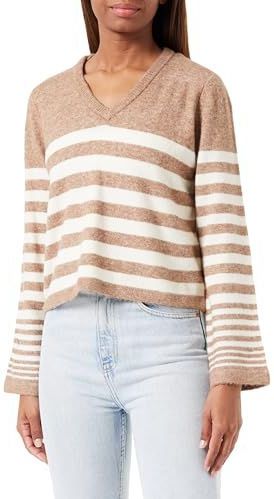 Bestseller A/S Vmhurricane Ls V-hals Ga Bf Pullover voor dames, Brown Lentil/Stripes:w. Berk, XS