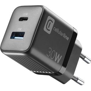 Cellularline Multipower Micro Power oplader | Super Fast Charger 30W met 2 USB-C-poorten - uitgerust met Gan-technologie - compatibel met smartphones, iPhone, tablets, iPad en MacBook