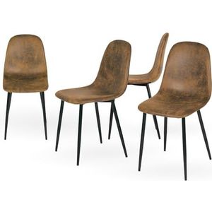 Homy Casa Set van 4 eetkamerstoelen, Scandinavisch vintage, kunstsuède stoelen met stalen poten, zwart