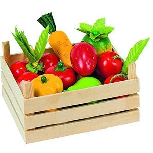 Goki 51658 Een kist gevuld met groenten en fruit voor winkelen en kookspel, 10-delige set