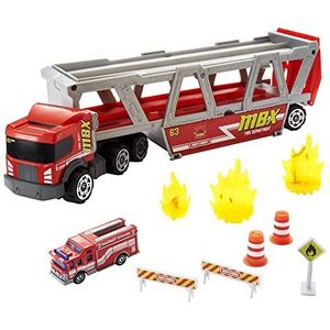Matchbox Fire Rescue Hauler speelset met vrachtwagen en 1 voertuig met brandweerthema, biedt plaats aan 16 auto's, verwijderbare helling, 8 accessoires en opslag, voor kinderen van 3 jaar, HHJ12