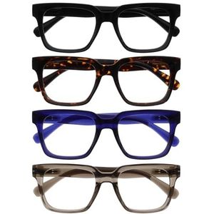 OPULIZE ERA Blauwlichtfilterbril Dames/Heren - Transparante Lenzen - Ontspiegeld - 4 Stuks - UV400 - groot rechthoekig montuur - computerbril gaming - Zwart Bruin Blauw Grijs - +0.00