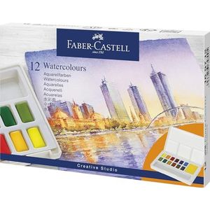 Faber-Castell 169712 Aquarelverf Set 12 blikjes inclusief aquarelpalet en aquarelpenseel voor beginners en hobbykunstenaars