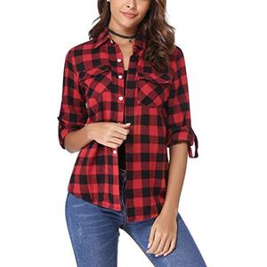 Irevial Geruite blouse voor dames, casual, button-down, lange mouwen, boyfriend-stijl, katoen, hemdblouse, plaid shirt voor lente en herfst, A-rood, S