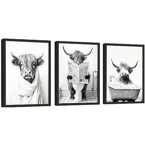 97 Decor Koe Afbeeldingen Muurdecoratie - 12 x 16 cm Highland Cow Badkamer Decor, Grappige Highland Cow Wall Art Print, Zwart-wit Koe in Bad Poster, Grappige Dieren Kunstwerk voor Slaapkamer