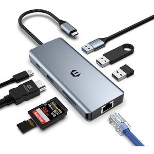 OBERSTER USB 3.0 HUB, USB C Adapter Docking, ultradunne draagbare data-hub, 8-in-1 USB C HUB met 4K HDMI, 100 W PD, Gigabit Ethernet, 2 USB 3.0, USB 2.0, SD/TF kaartlezer, met laptop