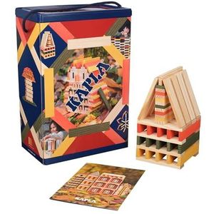 KAPLA Herfsttrommel 200 gekleurde plankjes (oranje, groen en geel) met bouwboekje, houten speelgoed, bouwset, vanaf 2 jaar oud