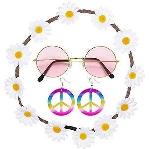 Widmann 95718 Hippieset, bloemenhaarband, oorbellen en bril, flower-power, madeliefjes, peace-tekens, jaren '50 en '60, themafeest, strandfeest, carnaval