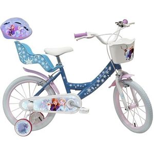 A.T.L.A.S. Kinderfiets 16 inch voor meisjes, ijskoningin/Frozen uitgerust met 2 remmen, voormand, poppenhouder, spatborden en stabilisatoren + Frozen helm inbegrepen