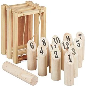 Relaxdays kubb, met cijfers, incl. houten kist, Finse versie, volwassenen & kinderen, blokkenspel voor buiten, hout