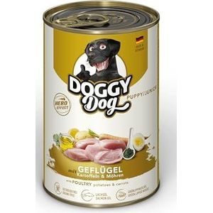 DOGGY Dog Paté Gevogelte Puppy/Junior, 6 x 400 g, nat voer voor jonge honden, graanvrij puppyvoer met zalmolie en groenlipmossel, hondenvoer met aardappelen en wortel, Made in Germany