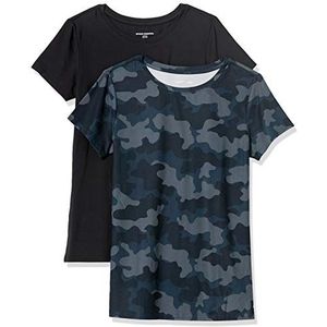 Amazon Essentials Dames Tech Stretch T-shirt met korte mouwen en ronde hals (verkrijgbaar in grote maten), 2-Pack, Marineblauw Camo/Zwart, L