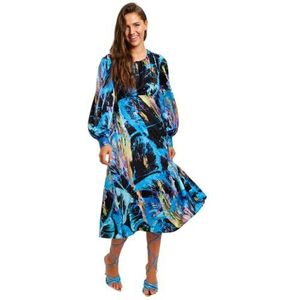 Liquorish Veelkleurige Midi-jurk met abstracte print en lange mouwen en stropdas in de taille, Meerkleurig, 32