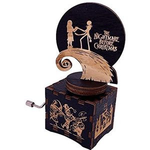 De nachtmerrie voor Kerstmis Muziekdoos Hand Crank Roterende Stijl Muzikale Doos Gesneden Hout Muzikale Geschenken voor Fans (Zwart)