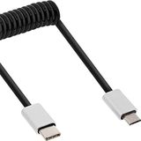 InLine 35866 USB 2.0 spiraalkabel, USB Type-C stekker naar Micro-B-stekker, zwart/aluminium, flexibel, 0,5 m