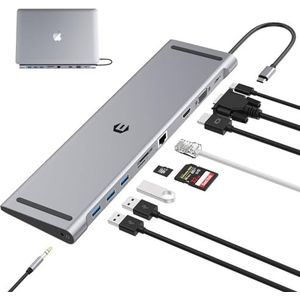 USB C dockingstation, 10-in-1 dual monitor, ondersteunt USB C hub met 4K HDMI, VGA, 3 x USB 3.0, PD 100 W, Ethernet, SD/TF lezer, audio/microfoon voor type C-laptops