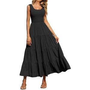 PRETTYGARDEN Dames 2024 Casual Losse Effen Maxi Zonnejurk Gesmokte Tankjurk Mouwloze Zomer Strand Gelaagde Lange Jurken, Zwart, S