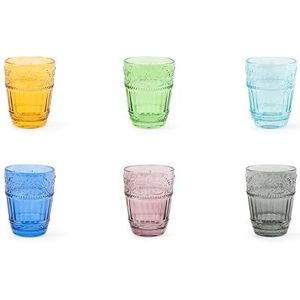 Excelsa Country Flower Set met 6 waterglazen, kleurrijk glas van pasta, inhoud 300 ml.