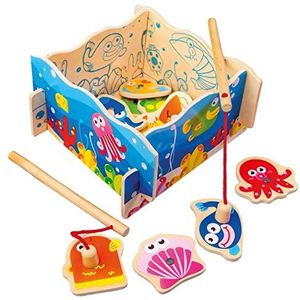 Bino Toys - Visspel - Houten Speel Vijver - Oceaanthema - Inclusief 2 Hengels en 12 Zeedieren