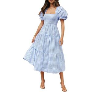 ZESICA Women's 2025 Bohemian Summer Plaid Square Neck Puff Sleeve Ruffle Flowy Beach Midi Dress,LightBlue,Large