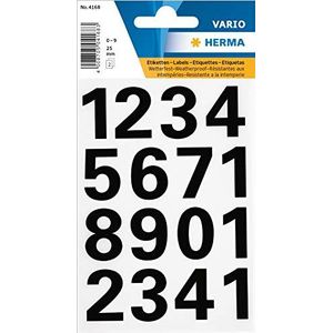HERMA 4168 cijfer stickers 0-9, weerbestendig (lettergrootte 25 mm, 2 velles, folie) zelfklevend, permanente cijfersticker, 32 etiketten, transparant/zwart