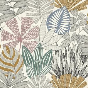 Rasch Behang 868258 - Vliesbehang met verschillende bladeren in blauw, groen, roze, bruin, zwart en wit uit de collectie Symphony - 10,05 m x 0,53 m (l x b)