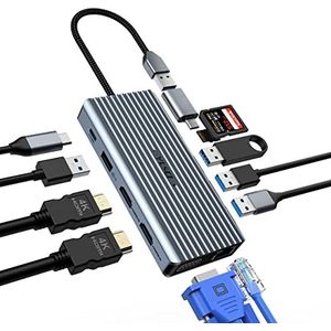 YLSCI USB C docking station, 12-in-1 USB C-hub, 2 x HDMI, VGA, Ethernet, 100 W PD, 3 x USB 3.0, USB 2.0, SD/TF-kaartlezer, audio/microfoon, compatibel met Windows 10, 8, 7, XP/Mac OS/Linux