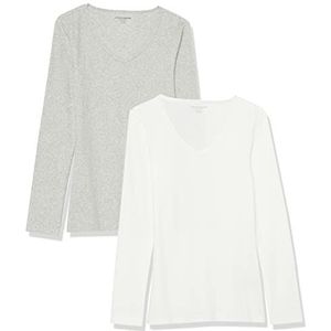 Amazon Essentials Slim-fit lange mouwen gebreide rib V-hals voor gelaagdheid (verkrijgbaar in grote maten), 2 stuks, wit/grijs, M