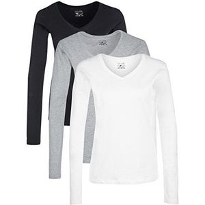 Berydale Dames T-shirt met lange mouwen en V-hals, gemaakt van 100% katoen, Zwart/wit/grijs, set van 3, S
