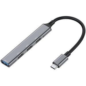 USB-C hub met 1 USB-A 3.0-poort en 3 USB 2.0-poorten, aluminium behuizing, ideaal voor het uitbreiden van apparaatverbindingen.