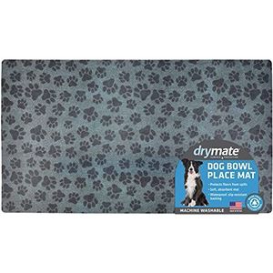 Drymate Placemat voor huisdierenkom, voermat voor hond en kat - absorberende stof, waterdichte achterkant, slipbestendig - machinewasbaar/duurzaam (gemaakt in de VS) (40,6 x 71 cm) (Paw Dots Black)