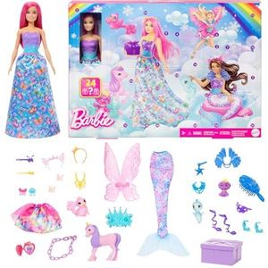 Barbie Adventskalender met pop en 24 verrassende accessoires, waaronder eenhoorn en 3 dierenvriendjes, modepop met roze haar die kan veranderen in een zeemeermin, fee en meer, HRG90