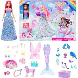 Barbie Adventskalender met pop en 24 verrassende accessoires, waaronder eenhoorn en 3 dierenvriendjes, modepop met roze haar die kan veranderen in een zeemeermin, fee en meer, HRG90