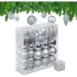 Relaxdays kerstballen, set van 110, kunststof, kerstboomversiering met ballen, kerstslingers etc., onbreekbaar, zilver