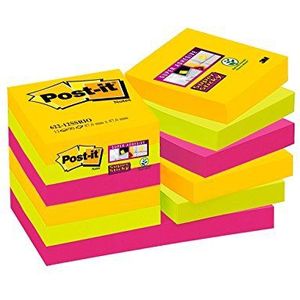 Post-it Super Sticky Notes Carnival Collection, voordeelverpakking met 12 blokken, 90 vellen per blok, 47,6 mm x 47,6 mm, geel, blauw. Groen, roze. Oranje - extra sterk klevende notitieblaadjes