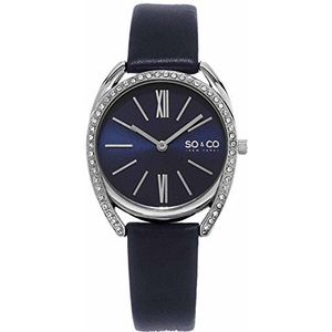 SO & CO New York Quartz horloge voor dames met zwarte wijzerplaat analoog display en blauwe lederen band 5097.2