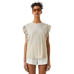 Koton Dames Crew Neck Short Sleeve Frill T-Shirt, Lichtbruin (502), L