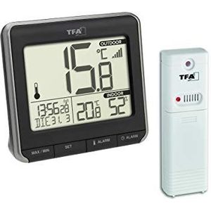 TFA Dostmann Prio thermometer binnen/buiten, 30.3069.01, digitaal, incl. externe zender, met radioklok, datum, weekdag, zwart