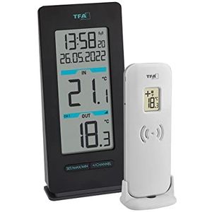 TFA Dostmann Draadloze thermometer Buddy, 30.3072.01, buitentemperatuur en binnentemperatuur, maximum- en laagste waarden, radioklok, zwart