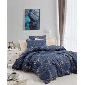 Nuit Des Rêves Elegant Single Quilt Cover Set (155 x 200 cm), Dark Blue & Cream, 100% Polyester MicroSatijn & Katoen 3D Print, Ritssluiting, Machine Wasbaar