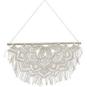 Relaxdays macramé wandkleed, handgeweven, boho wanddecoratie, H x B: 65 x 60,5 cm, wandhanger, katoen & hout, crème