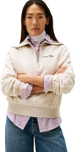 Tommy Hilfiger Dames CLASSIC SCRIPT FLEECE Halve Rits WW0WW46632 Sweatshirt met halve rits, beige, XXS, Beige (Heather Havermelk), XXS