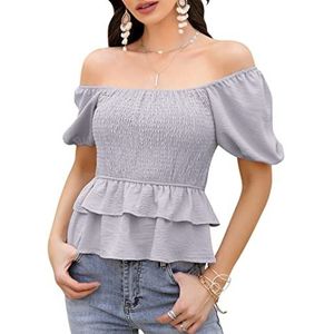 KOJOOIN Dames zomer bovenstuk gesmok ruches korte mouwen tuniek vierkante hals blouse T-shirt, A-grijsblauw, XL