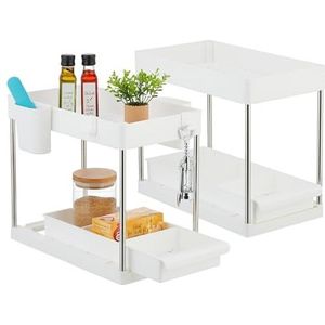 Relaxdays 2x keukenkast organizer - uitschuifbare gootsteenkast organizer - badkamer - wit