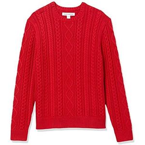 Amazon Essentials Lange mouw 100% Katoen Visser Kabel Crewneck Trui, Rood,